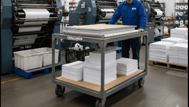 Challenge paper stock cart used in a print and bindery environment